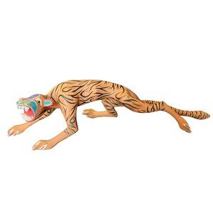 Large OAXACA Mexico Hand Carved & Painted Wood Tiger Catarino Carilio